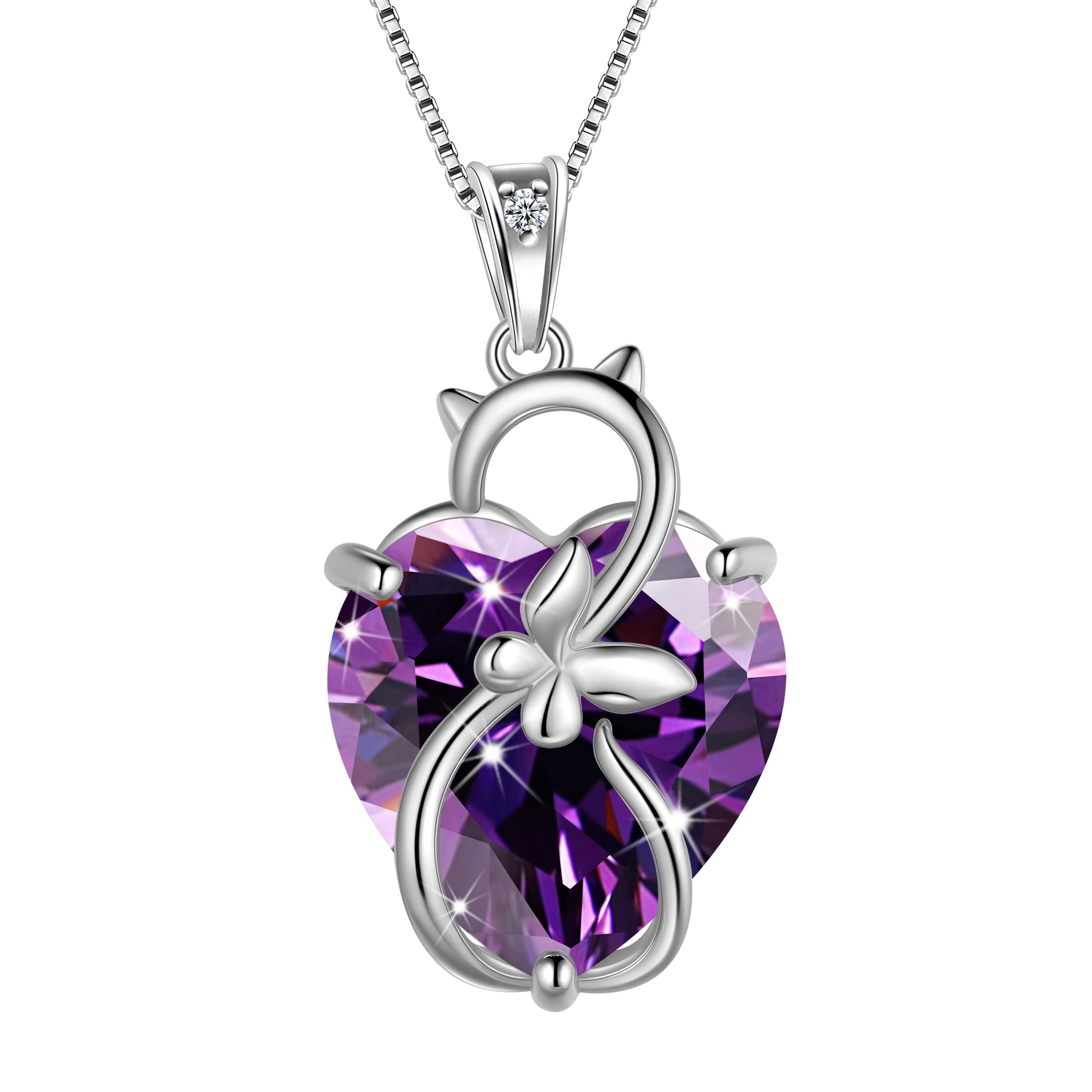 15MM Women Cat Necklace Heart February Birthstone 925 Sterling Silver Pendant Purple Amethyst Butterfly Jewelry Valentine's Day Gift for Cat Lover - Aurora Tears
