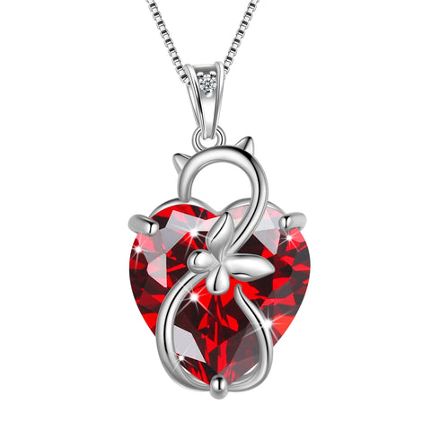 15MM Women Cat Necklace Heart January Birthstone 925 Sterling Silver Pendant Red Garnet Butterfly Jewelry Birthday Valentine's Day Gift - Aurora Tears