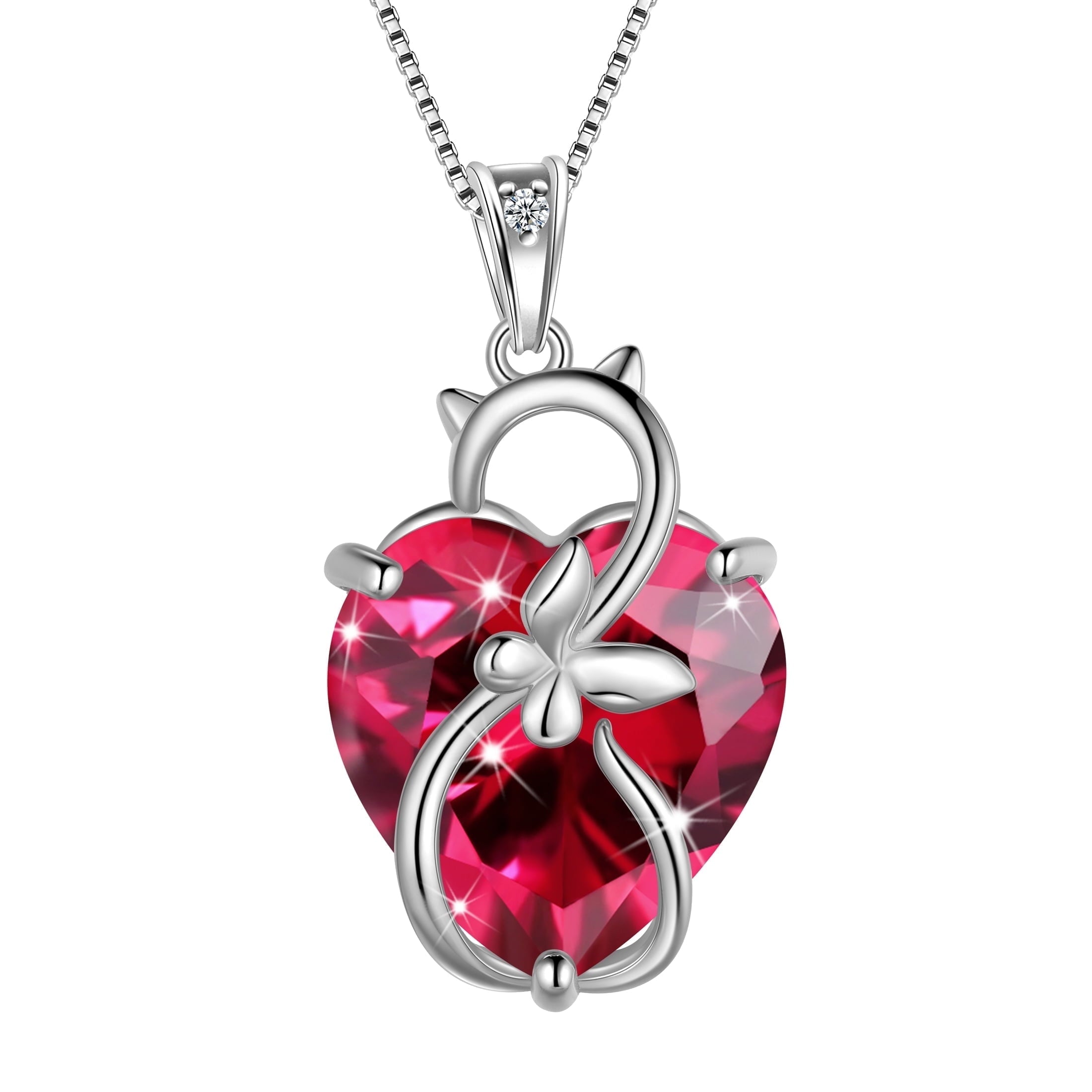 15MM Women Cat Necklace Heart July Birthstone 925 Sterling Silver Pendant Red Ruby Butterfly Jewelry Mother Birthday Valentine's Day Gift - Aurora Tears