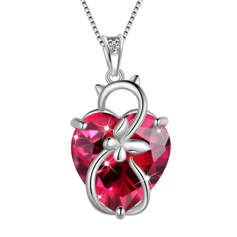 15MM Women Cat Necklace Heart July Birthstone 925 Sterling Silver Pendant Red Ruby Butterfly Jewelry Mother Birthday Valentine's Day Gift - Aurora Tears