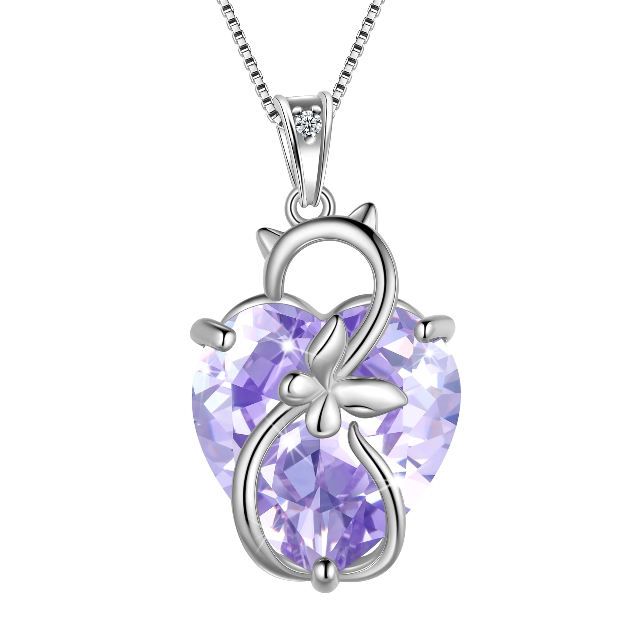 15MM Women Cat Necklace Heart June Birthstone 925 Sterling Silver Pendant Purple Alexandrite Butterfly Jewelry Birthday Cat Lover Gift - Aurora Tears