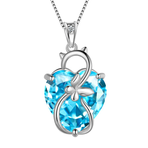 15MM Women Cat Necklace Heart March Birthstone 925 Sterling Silver Pendant Blue Aquamarine Butterfly Jewelry Birthday Gift for Cat Lover - Aurora Tears