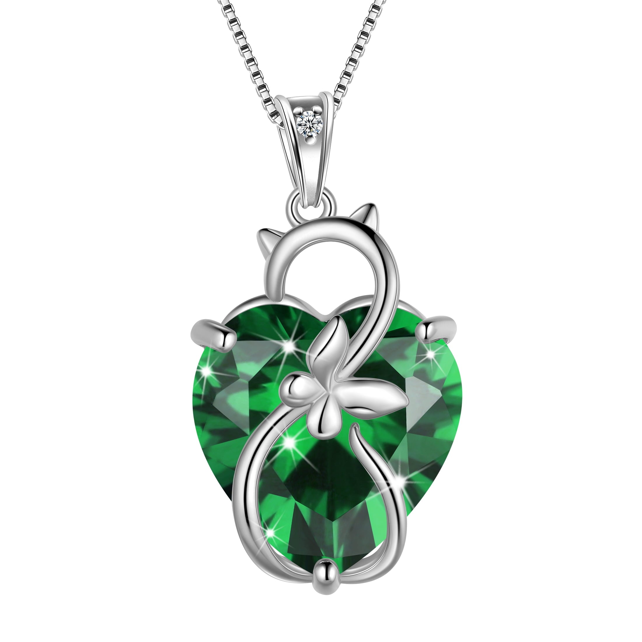 15MM Women Cat Necklace Heart May Birthstone 925 Sterling Silver Pendant Green Emerald Butterfly Jewelry Mom Birthday Mother's Day Gift - Aurora Tears