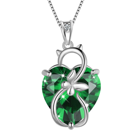 15MM Women Cat Necklace Heart May Birthstone 925 Sterling Silver Pendant Green Emerald Butterfly Jewelry Mom Birthday Mother's Day Gift - Aurora Tears