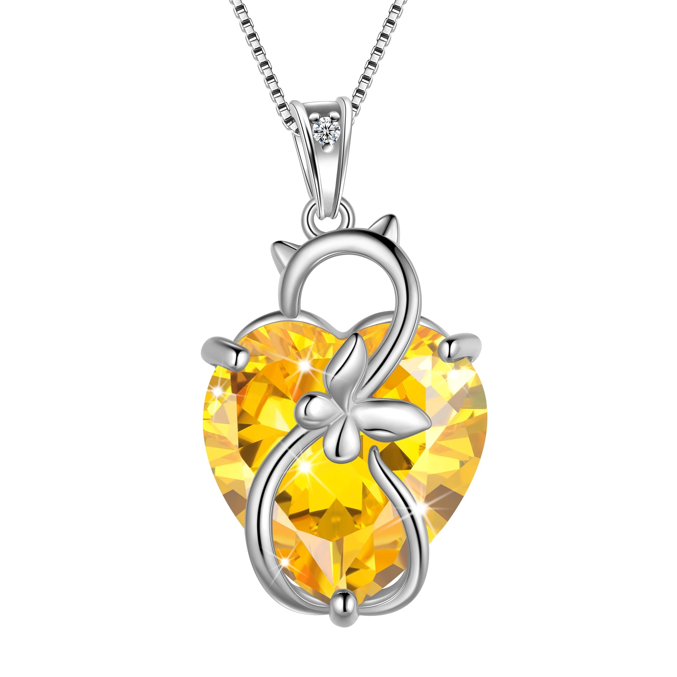 15MM Women Cat Necklace Heart November Birthstone 925 Sterling Silver Pendant Yellow Butterfly Citrine Jewelry Mother Cat Lover Christmas Birthday Gift - Aurora Tears