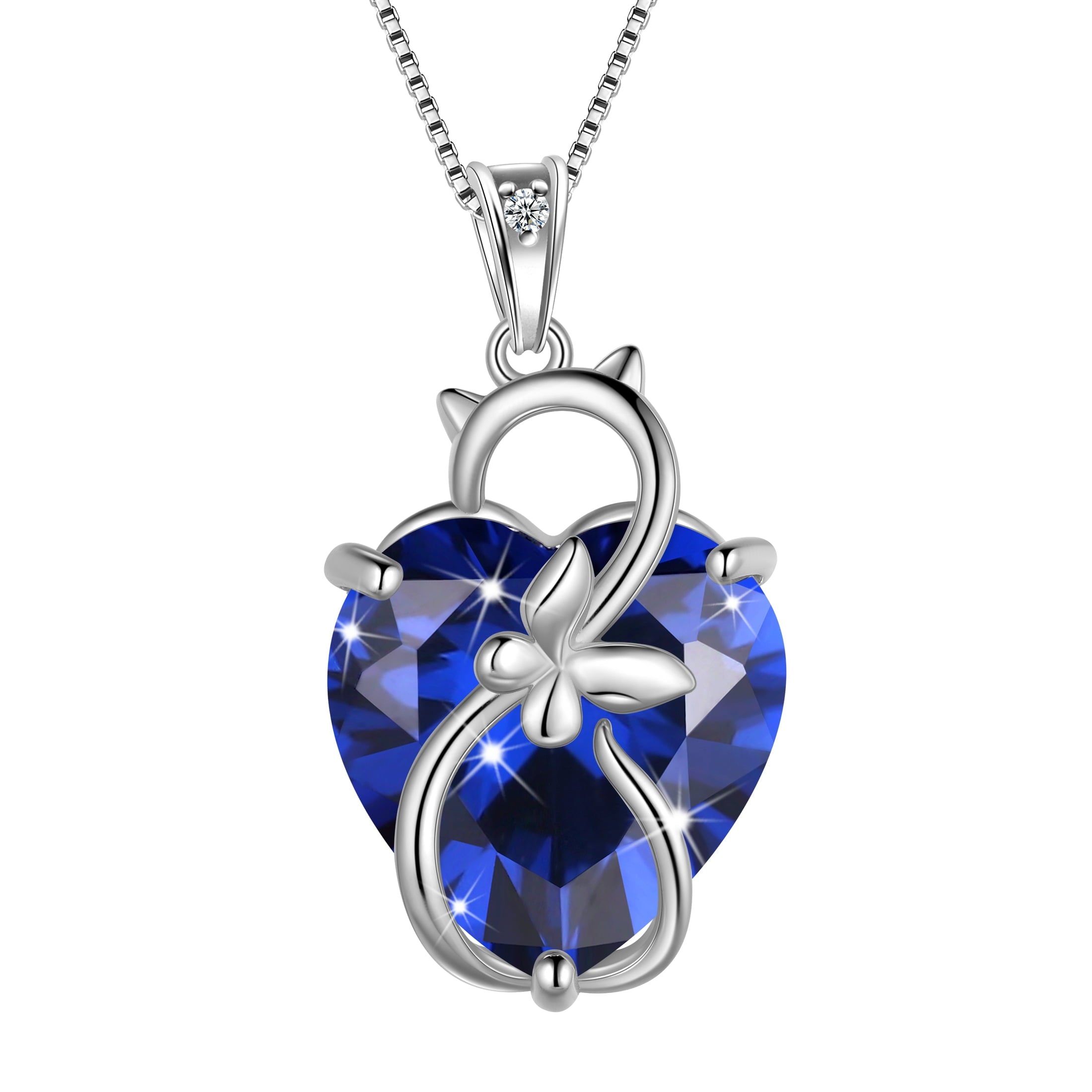 15MM Women Cat Necklace Heart September Birthstone 925 Sterling Silver Pendant Butterfly Blue Sapphire Jewelry Birthday Mother's Day Gift - Aurora Tears