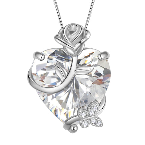 15MM Women Rose Heart Necklace April Birthstone 925 Sterling Silver Flower Butterfly Pendant Diamond CZ Bridal Jewelry Mother Valentine's Day Gift - Aurora Tears