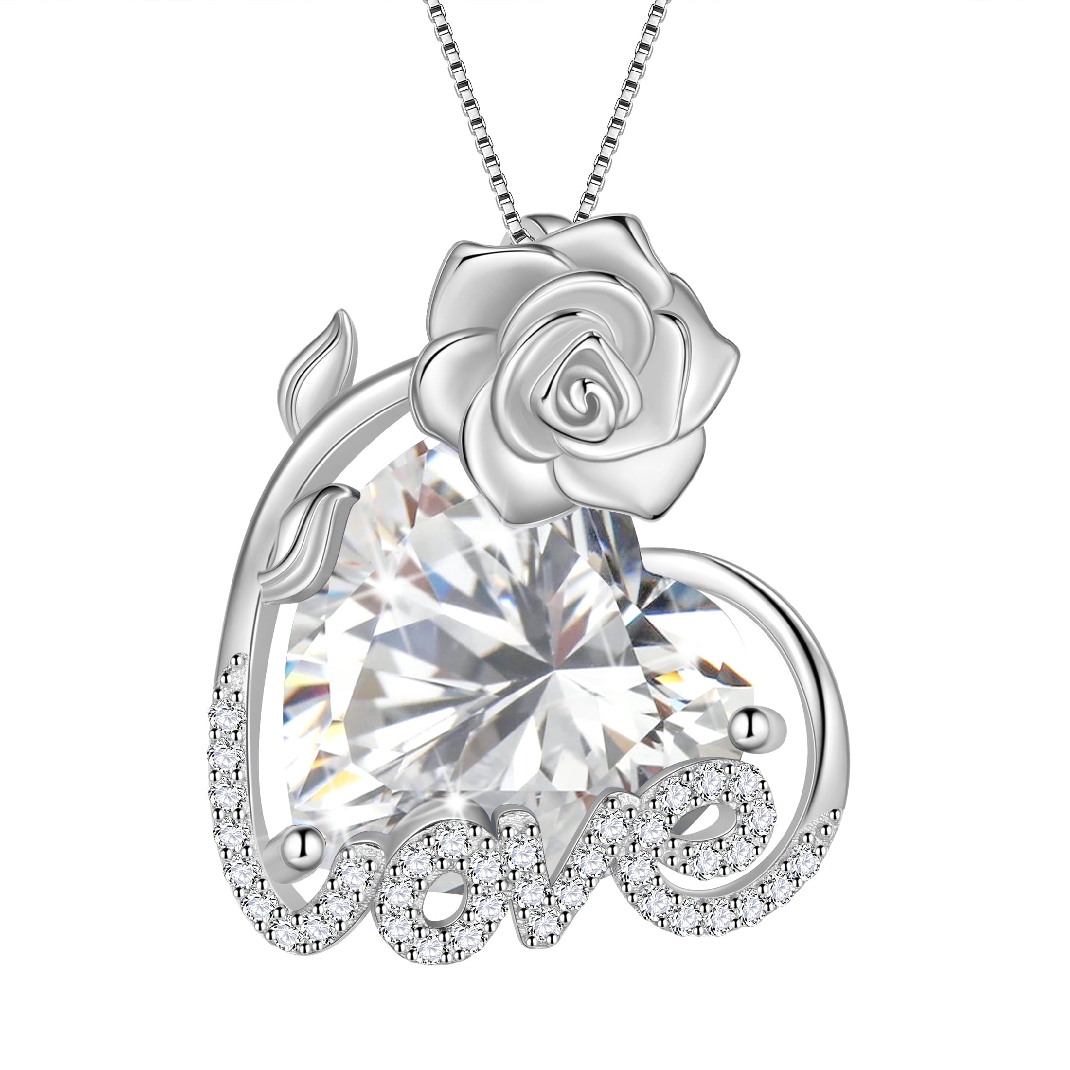 15MM Rose Heart Women Necklace April Birthstone 925 Sterling Silver Flower Love Pendant Diamond CZ Bridal Jewelry Mother Valentine's Day Gift for Wife - Aurora Tears
