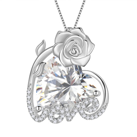 15MM Rose Heart Women Necklace April Birthstone 925 Sterling Silver Flower Love Pendant Diamond CZ Bridal Jewelry Mother Valentine's Day Gift for Wife - Aurora Tears
