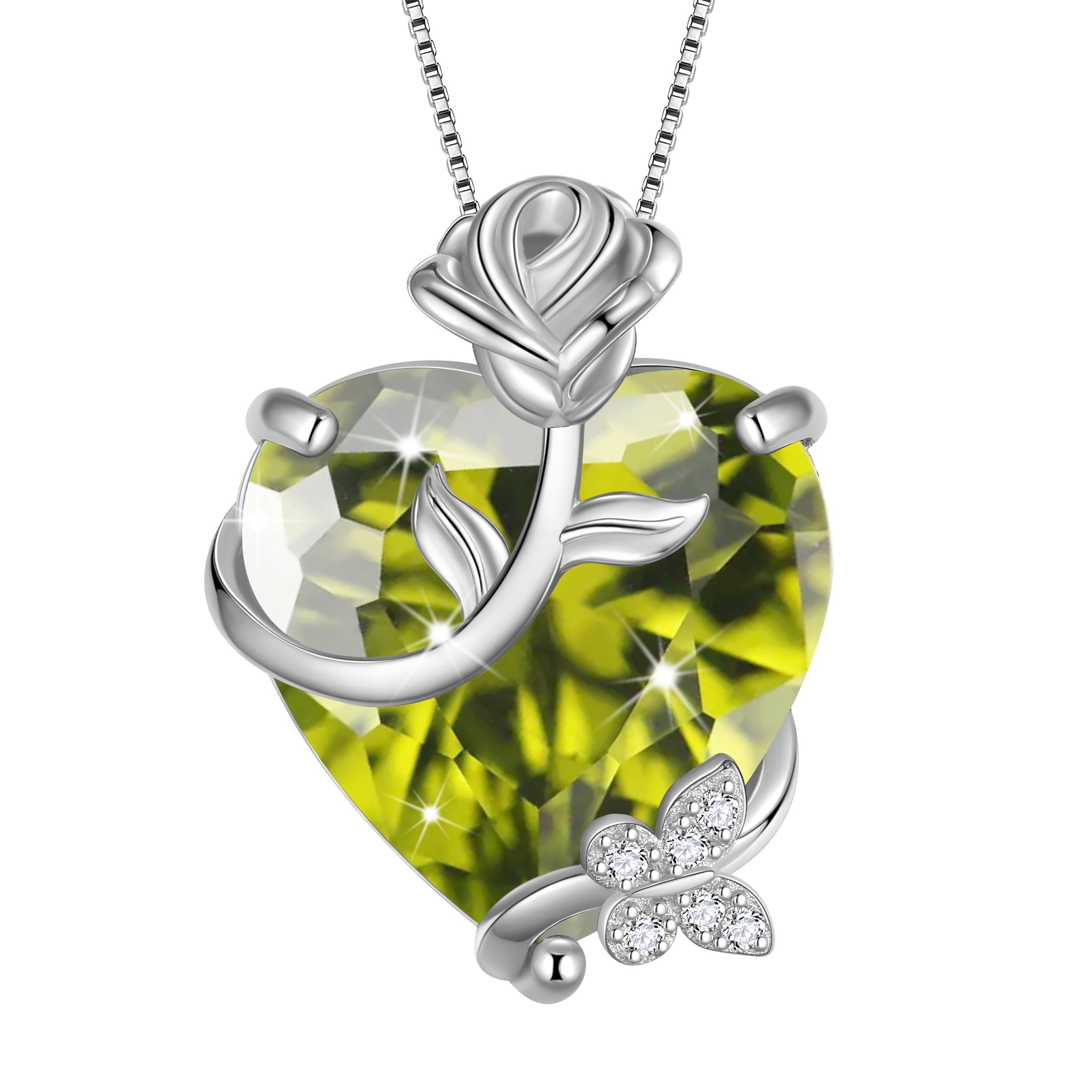 15MM Women Rose Heart Necklace August Birthstone 925 Sterling Silver Flower Butterfly Pendant Green Peridot Jewelry Christmas Birthday Mother's Day Gift - Aurora Tears