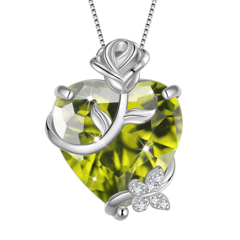 15MM Women Rose Heart Necklace August Birthstone 925 Sterling Silver Flower Butterfly Pendant Green Peridot Jewelry Christmas Birthday Mother's Day Gift - Aurora Tears