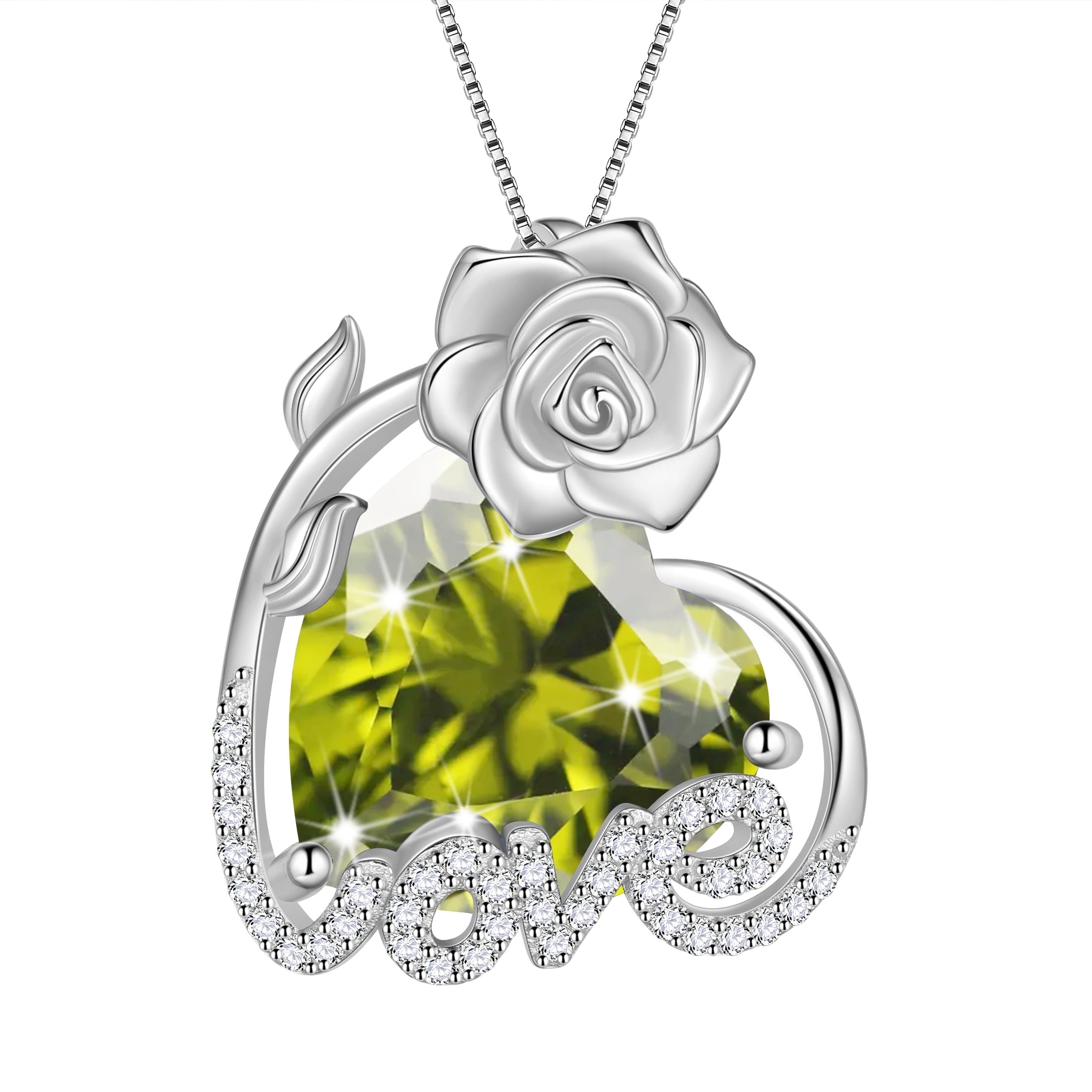 15MM Rose Heart Women Necklace August Birthstone 925 Sterling Silver Flower Love Pendant Green Peridot Jewelry Christmas Birthday Valentine Gift for Mom - Aurora Tears