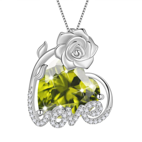15MM Rose Heart Women Necklace August Birthstone 925 Sterling Silver Flower Love Pendant Green Peridot Jewelry Christmas Birthday Valentine Gift for Mom - Aurora Tears