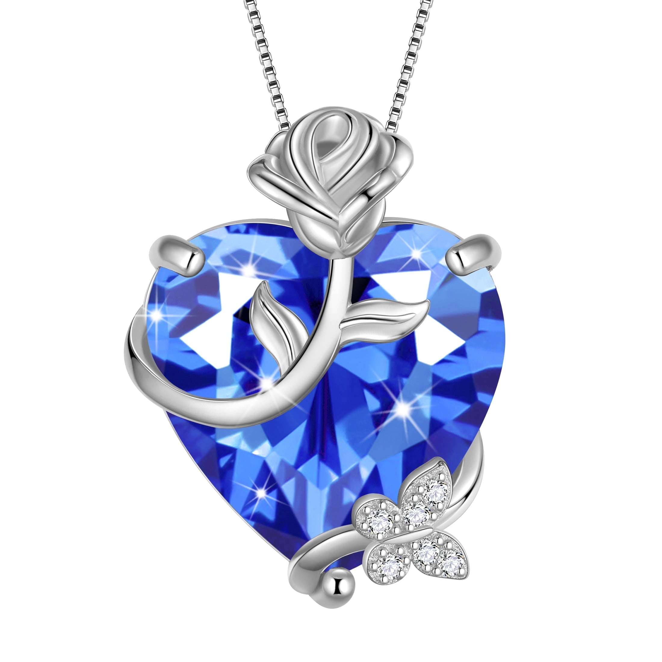 15MM Women Rose Heart Necklace December Birthstone 925 Sterling Silver Butterfly Flower Pendant Tanzanite Jewelry Christmas Valentines Mother's Day Gift - Aurora Tears