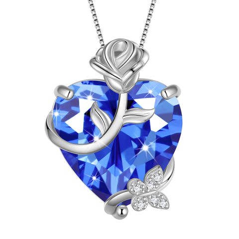 15MM Women Rose Heart Necklace December Birthstone 925 Sterling Silver Butterfly Flower Pendant Tanzanite Jewelry Christmas Valentines Mother's Day Gift - Aurora Tears