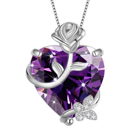 15MM Women Rose Heart Necklace February Birthstone 925 Sterling Silver Butterfly Flower Pendant Purple Amethyst Jewelry Mother Valentine's Day Gift - Aurora Tears