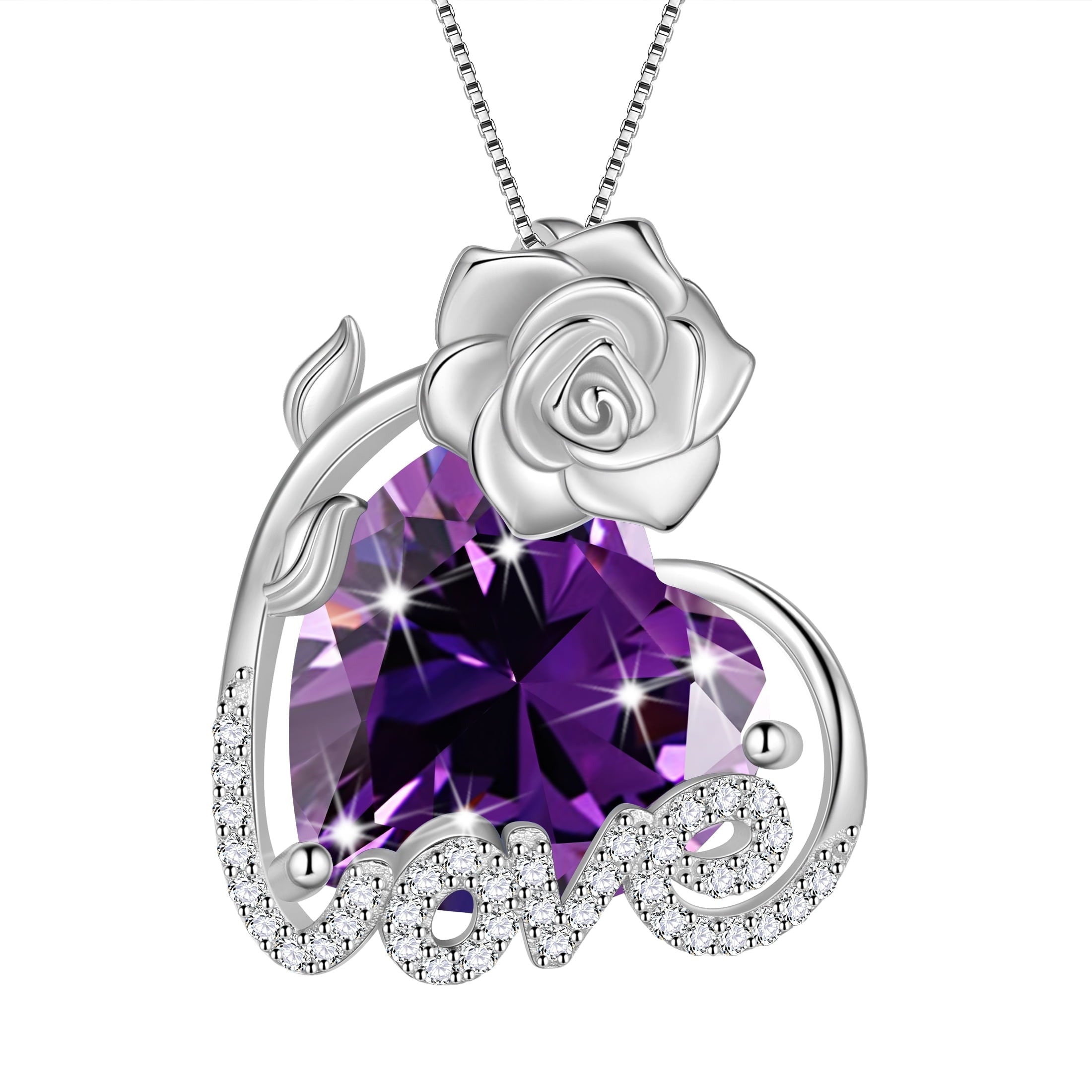 15MM Rose Heart Women Necklace February Birthstone 925 Sterling Silver Love Pendant Purple Amethyst Jewelry Mom Valentine's Day Gift for Wife Girlfriend - Aurora Tears
