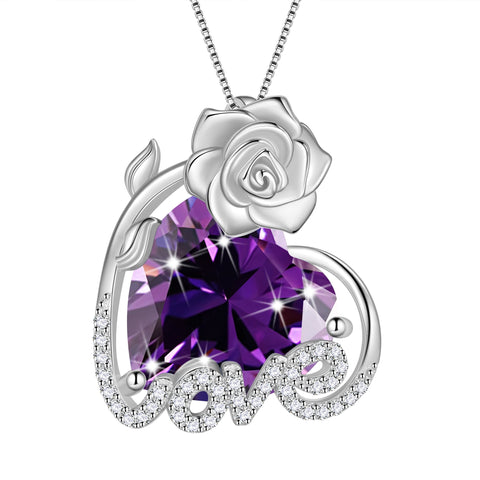 15MM Rose Heart Women Necklace February Birthstone 925 Sterling Silver Love Pendant Purple Amethyst Jewelry Mom Valentine's Day Gift for Wife Girlfriend - Aurora Tears