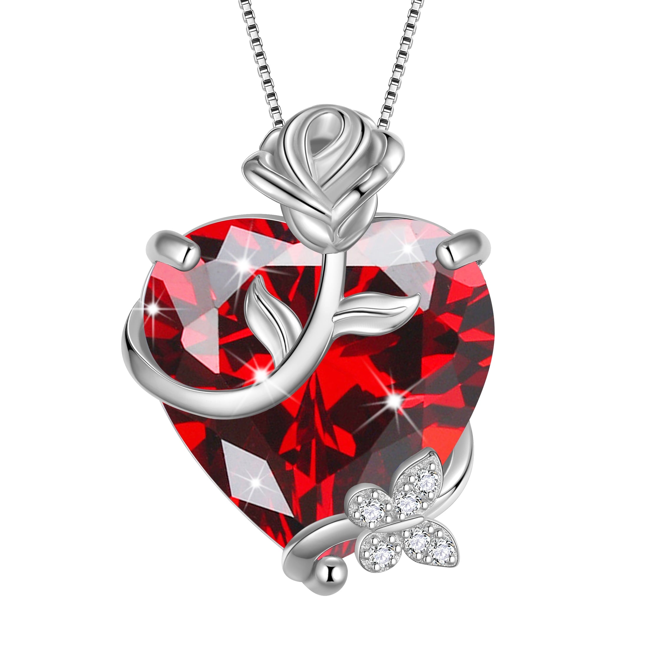 15MM Women Rose Heart Necklace January Birthstone 925 Sterling Silver Butterfly Flower Pendant Garnet Jewelry Mother Valentine's Day Gift - Aurora Tears