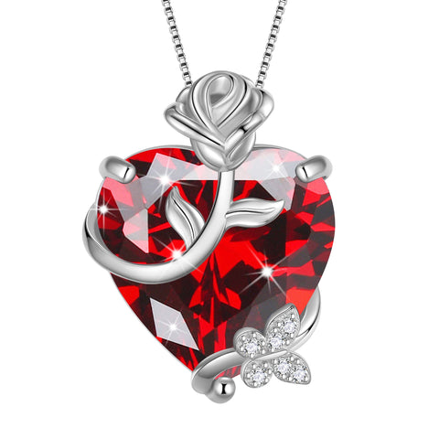 15MM Women Rose Heart Necklace January Birthstone 925 Sterling Silver Butterfly Flower Pendant Garnet Jewelry Mother Valentine's Day Gift - Aurora Tears