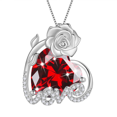15MM Rose Heart Women Necklace January Birthstone 925 Sterling Silver Love Flower Pendant Garnet Jewelry Valentine's Day Gift for Wife Mother Girlfriend - Aurora Tears