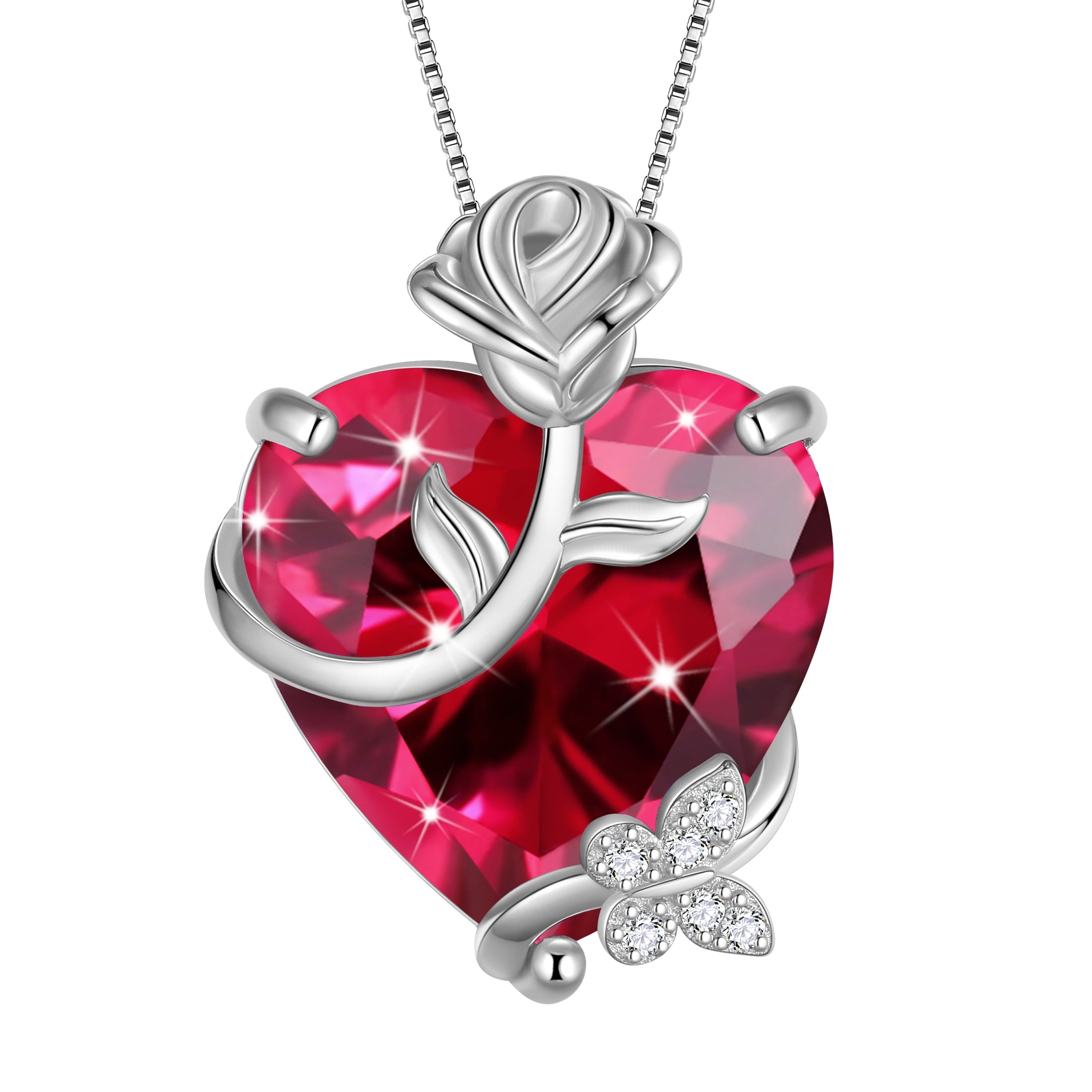 15MM Women Rose Heart Necklace July Birthstone 925 Sterling Silver Flower Butterfly Jewelry Pendant Red Ruby Mother Birthday Valentine's Day Gift - Aurora Tears
