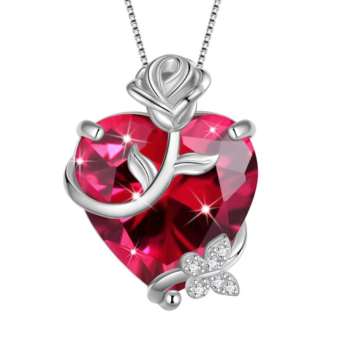 15MM Women Rose Heart Necklace July Birthstone 925 Sterling Silver Flower Butterfly Jewelry Pendant Red Ruby Mother Birthday Valentine's Day Gift - Aurora Tears