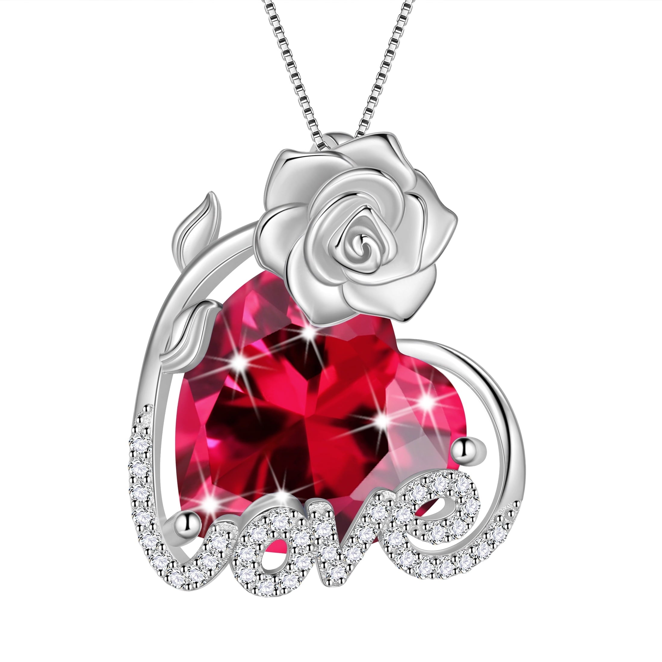 15MM Rose Heart Women Necklace July Birthstone 925 Sterling Silver Flower Love Jewelry Pendant Red Ruby Mother Birthday Christmas Valentine's Day Gift - Aurora Tears