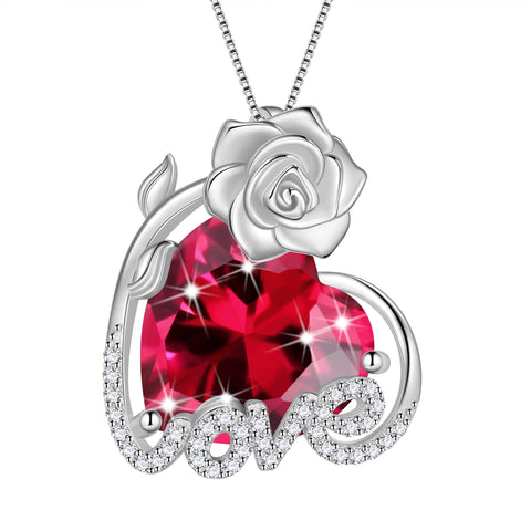 15MM Rose Heart Women Necklace July Birthstone 925 Sterling Silver Flower Love Jewelry Pendant Red Ruby Mother Birthday Christmas Valentine's Day Gift - Aurora Tears