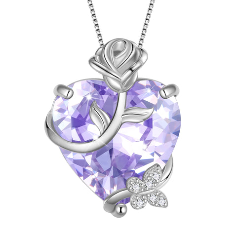 15MM Women Rose Heart Necklace June Birthstone 925 Sterling Silver Flower Butterfly Pendant Purple Alexandrite Jewelry Mom Birthday Gift - Aurora Tears