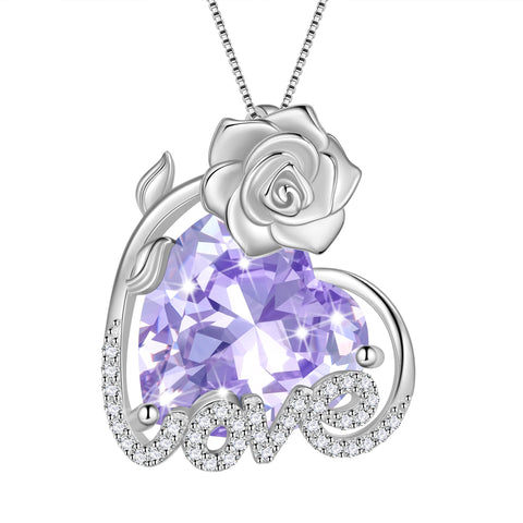 15MM Rose Heart Women Necklace June Birthstone 925 Sterling Silver Flower Love Pendant Purple Alexandrite Jewelry Mom Christmas Valentines Birthday Gift - Aurora Tears