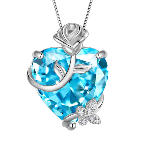 15MM Women Rose Heart Necklace March Birthstone 925 Sterling Silver Butterfly Flower Pendant Blue Aquamarine Jewelry Mom Birthday Valentines Gift - Aurora Tears