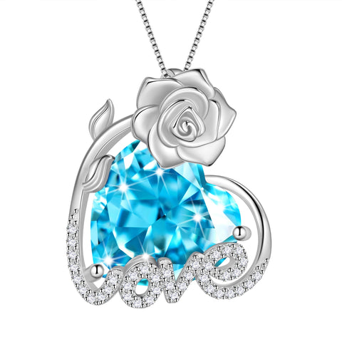 15MM Rose Heart Women Necklace March Birthstone 925 Sterling Silver Love Flower Pendant Blue Aquamarine Jewelry Mother Birthday Valentines Gift for Wife - Aurora Tears