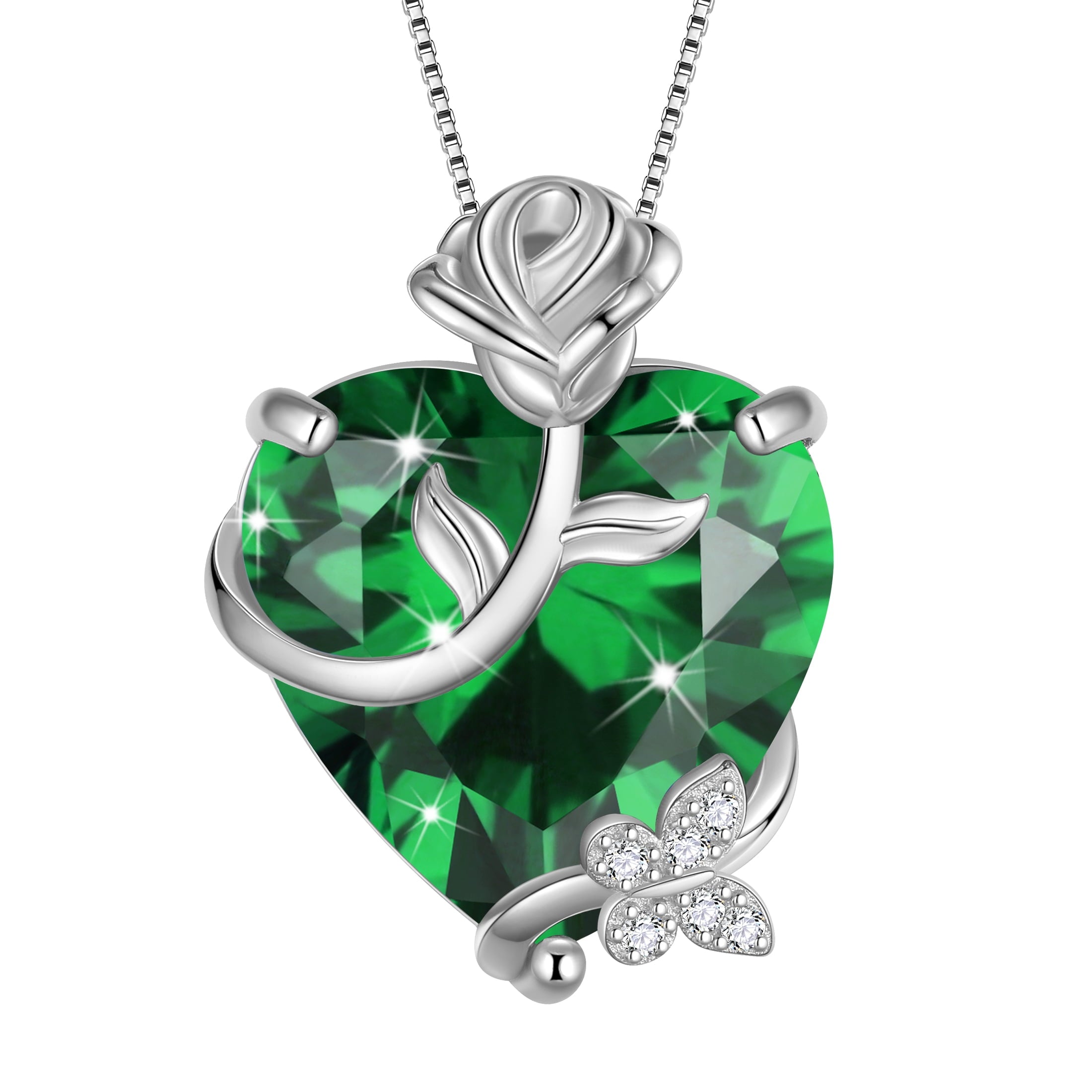 15MM Women Rose Heart Necklace May Birthstone 925 Sterling Silver Flower Butterfly Pendant Green Emerald Jewelry Xmas Birthday Mother's Day Gift - Aurora Tears