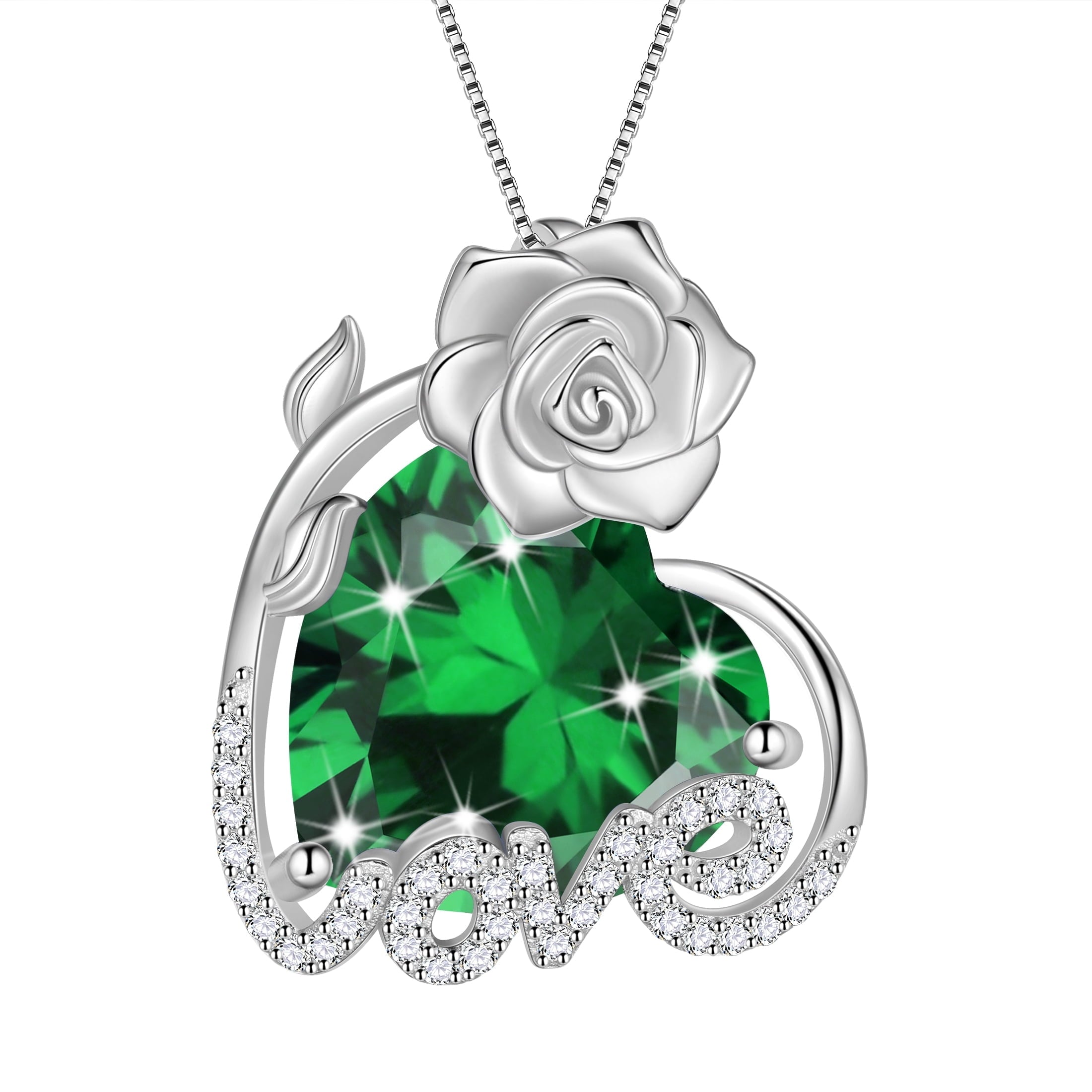 15MM Rose Heart Women Necklace May Birthstone 925 Sterling Silver Flower Love Pendant Green Emerald Jewelry Christmas Birthday Mothers Day Gift for Wife - Aurora Tears