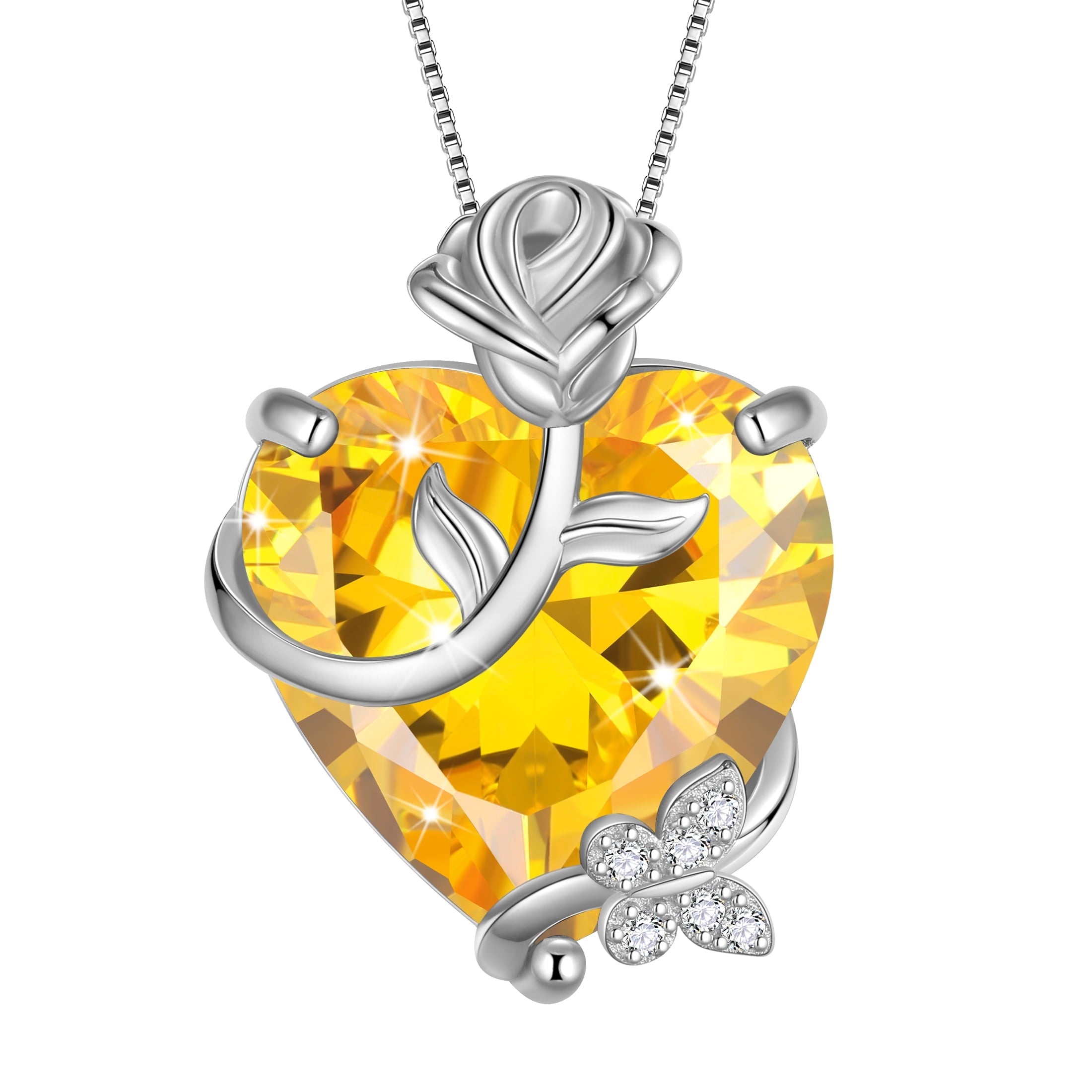 15MM Women Rose Heart Necklace November Birthstone 925 Sterling Silver Butterfly Flower Pendant Citrine Jewelry Yellow Christmas Valentines Gift for Her - Aurora Tears