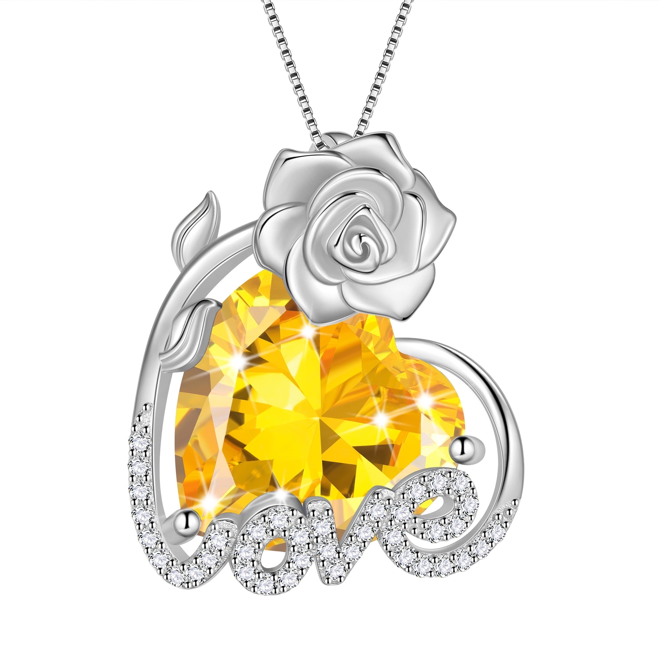 15MM Rose Heart Women Necklace November Birthstone 925 Sterling Silver Love Flower Pendant Yellow Citrine Jewelry Mom Christmas Birthday Valentines Gift - Aurora Tears