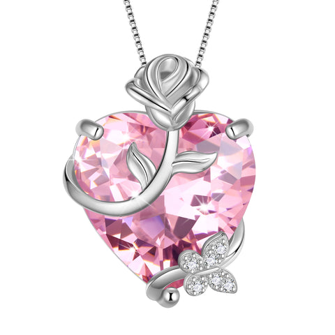 15MM Women Rose Heart Necklace October Birthstone 925 Sterling Silver Butterfly Flower Pendant Pink Tourmaline Jewelry Mother Valentine's Day Gifts - Aurora Tears