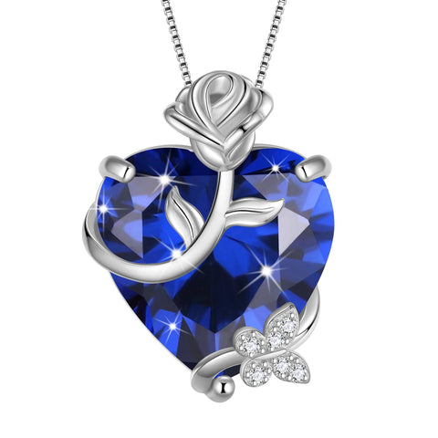 15MM Women Rose Heart Necklace September Birthstone 925 Sterling Silver Flower Butterfly Pendant Blue Sapphire Jewelry Birthday Mother's Day Gift - Aurora Tears