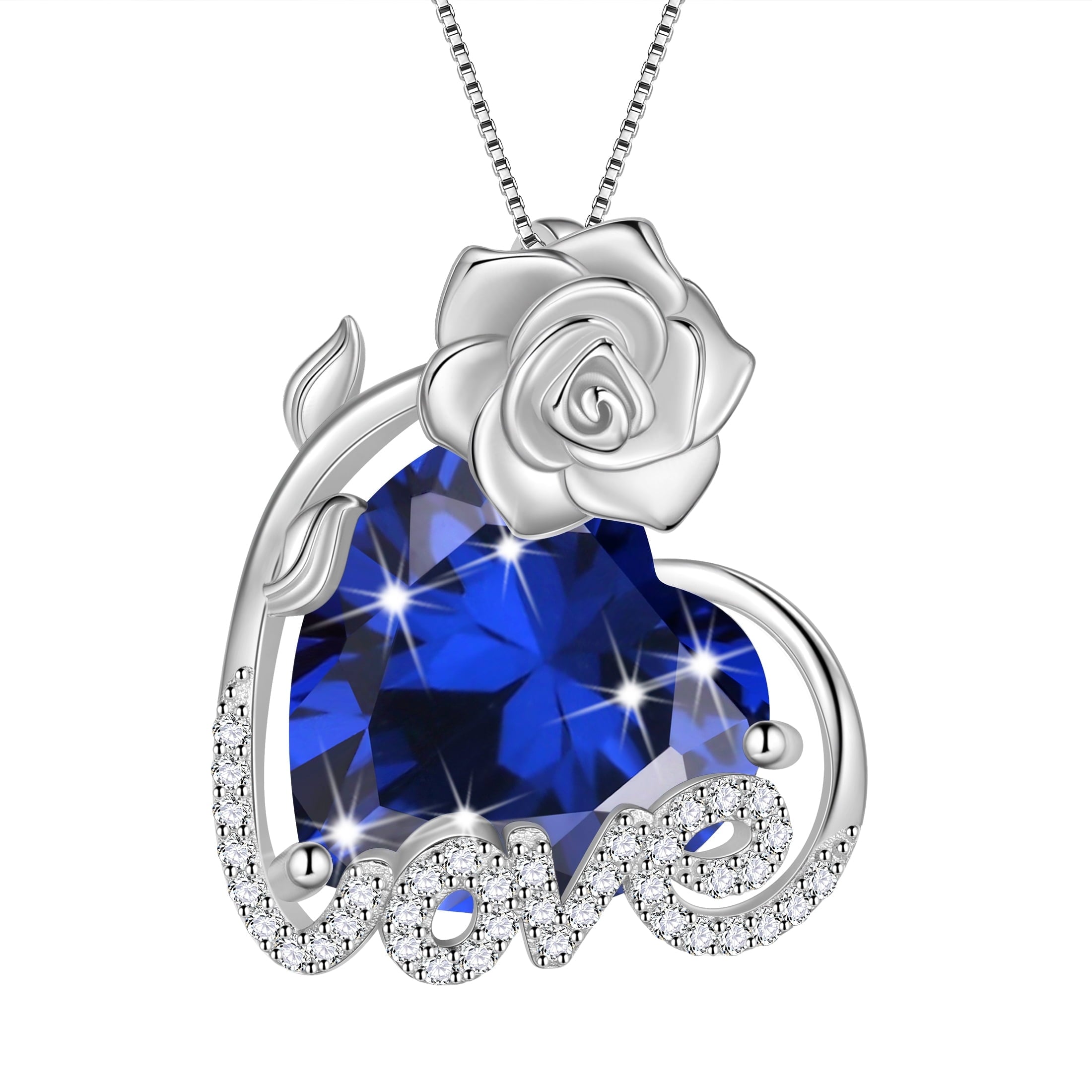 15MM Rose Heart Women Necklace September Birthstone 925 Sterling Silver Flower Love Pendant Blue Sapphire Jewelry Birthday Valentines Mother's Day Gift - Aurora Tears