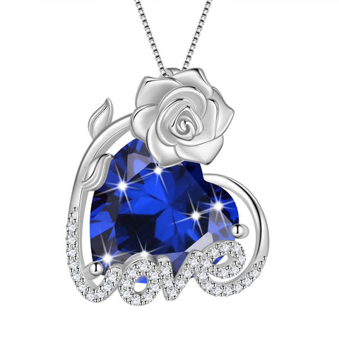 15MM Rose Heart Women Necklace September Birthstone 925 Sterling Silver Flower Love Pendant Blue Sapphire Jewelry Birthday Valentines Mother's Day Gift - Aurora Tears