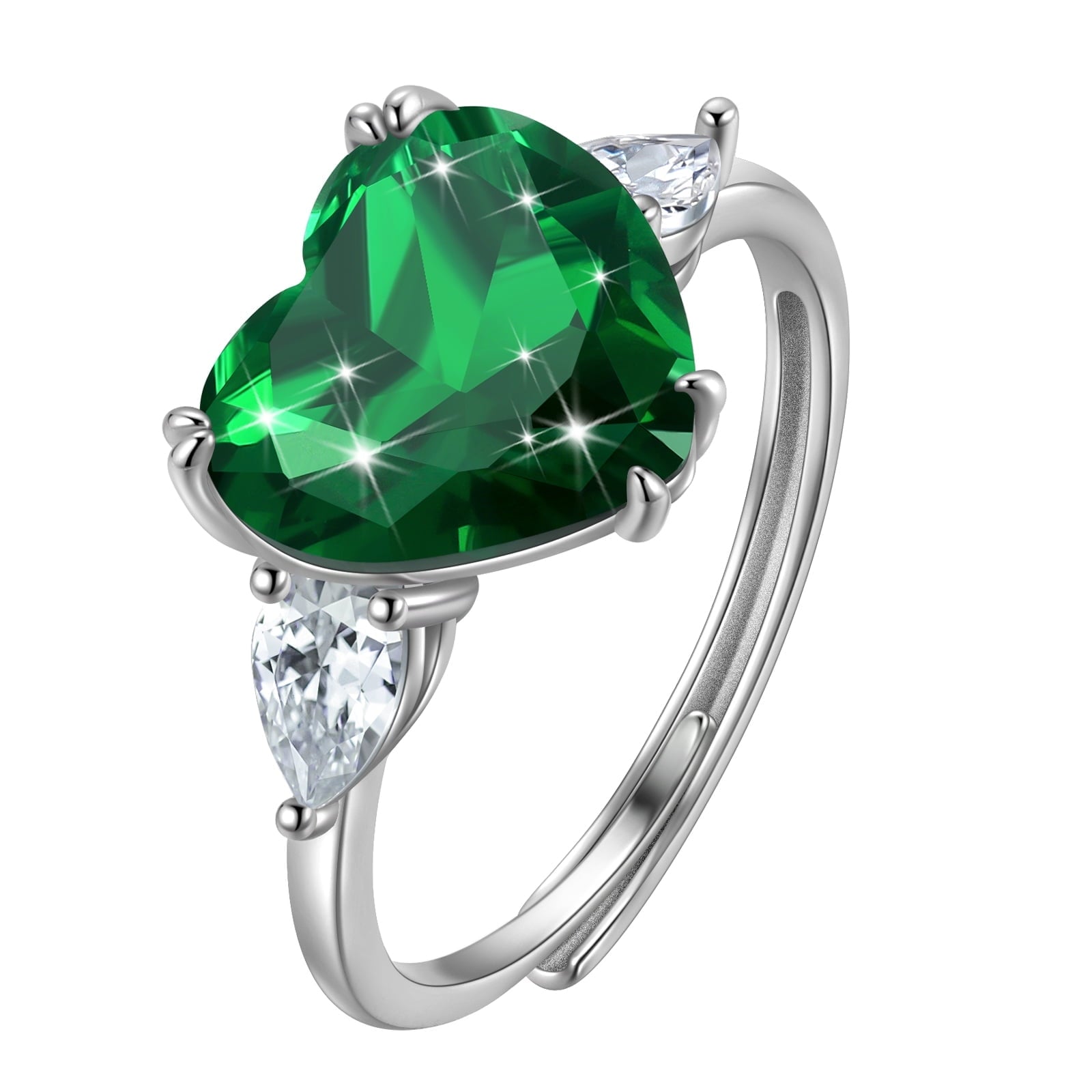 6Ct Women Heart Emerald Rings 925 Sterling Silver Green May Birthstone Ring Open Band Jewelry Birthday Christmas Mom Grandma Mother's Day Gift - Aurora Tears