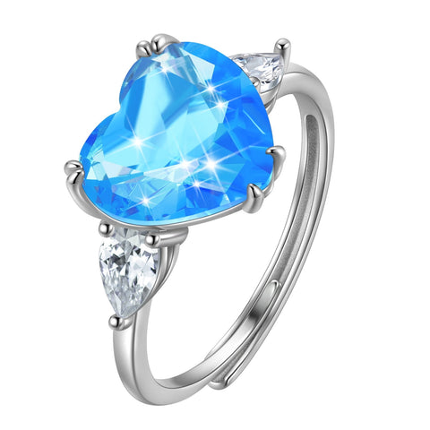 6Ct Women Heart Ring 925 Sterling Silver March Birthstone Ring Aquamarine Blue Band Jewelry Mother Birthday Wedding Valentine's Day - Aurora Tears