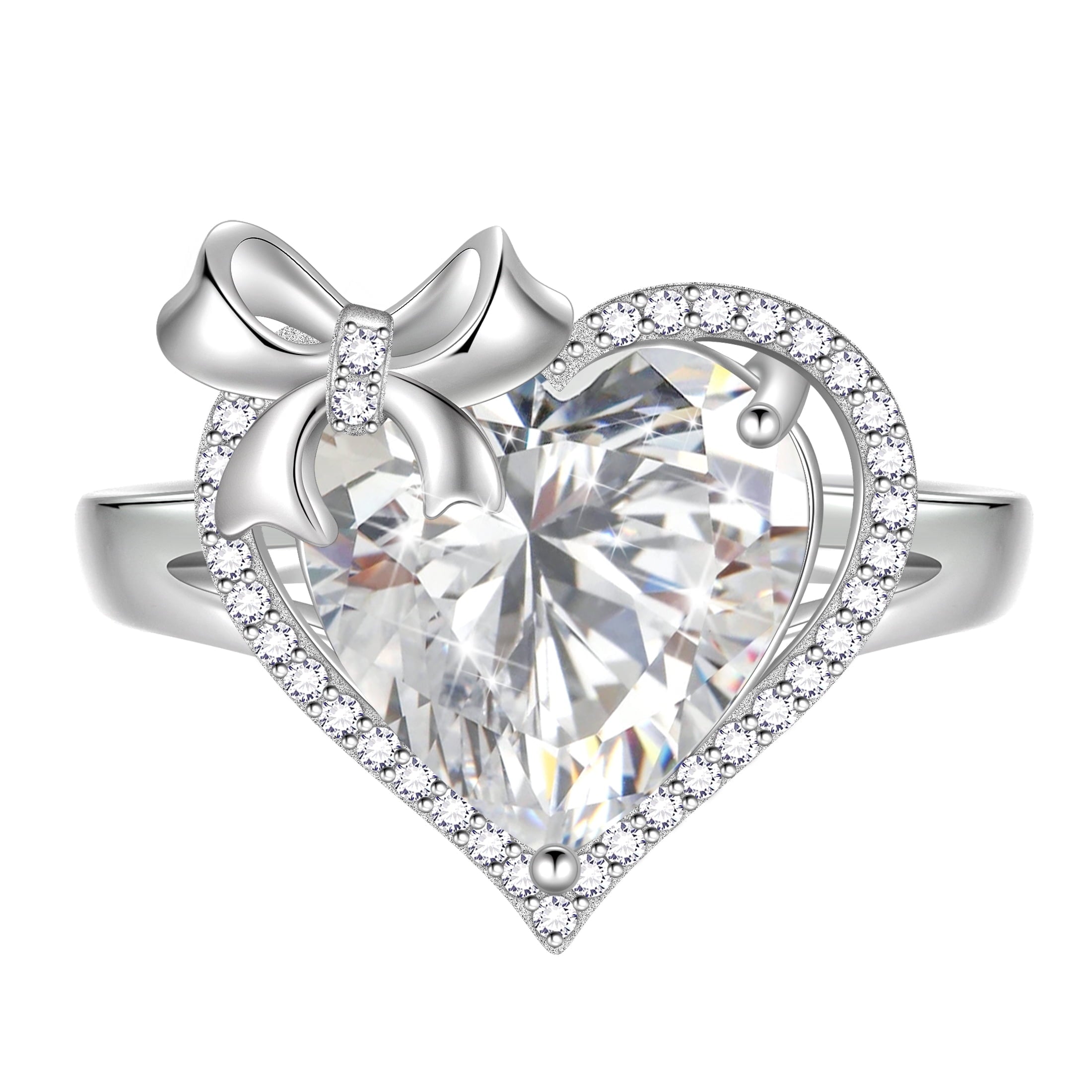 6Ct Heart Women Ring Bow Knot Ribbon 925 Sterling Silver April Birthstone Crystal Diamond Ring Promise Bridal Jewelry Valentines Gift for Wife Mother - Aurora Tears