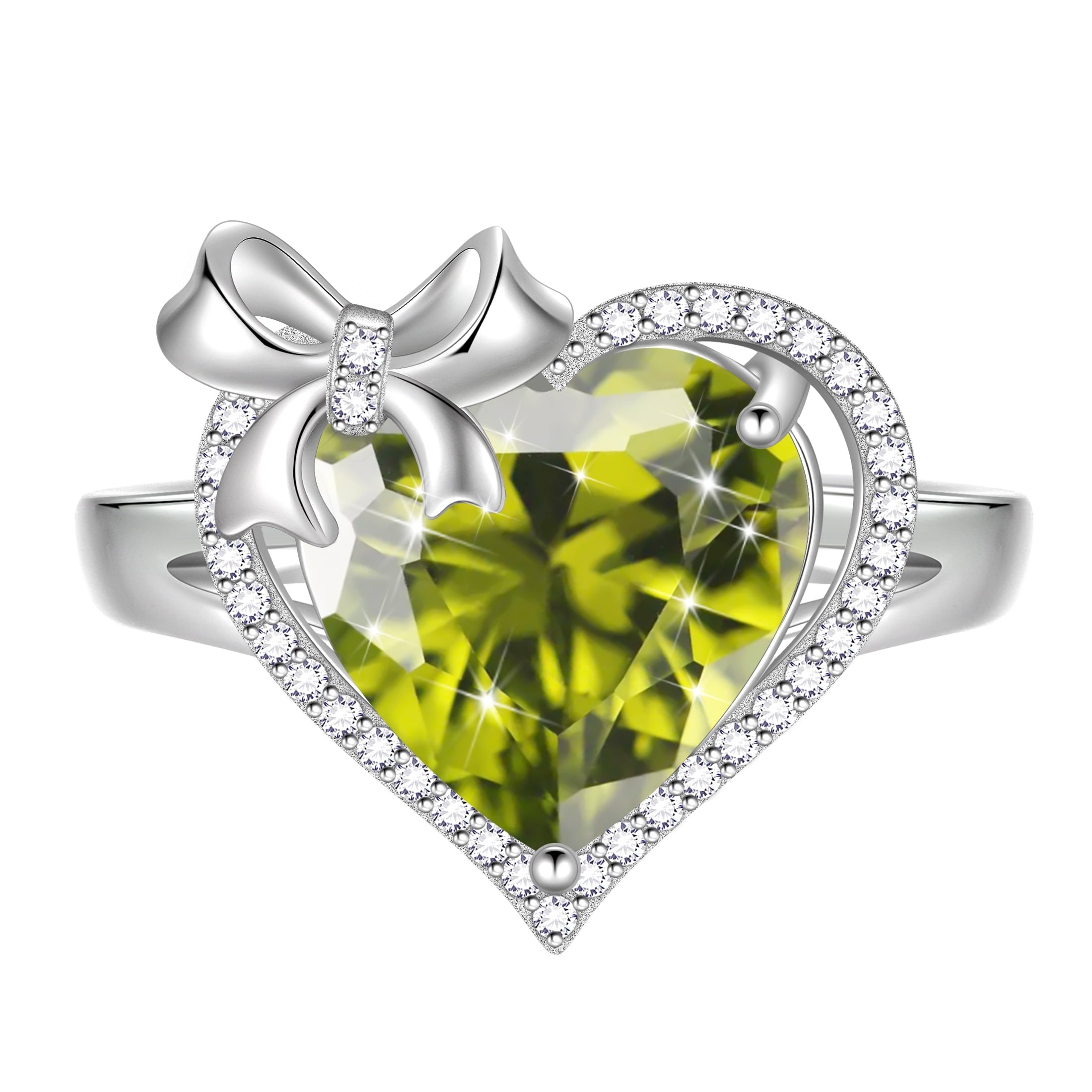 6Ct Heart Women Ring Bow Kont Ribbon 925 Sterling Silver August Birthstone Peridot Adjustable Ring Jewelry Wife Mother Christmas Birthday Valentine Gift - Aurora Tears