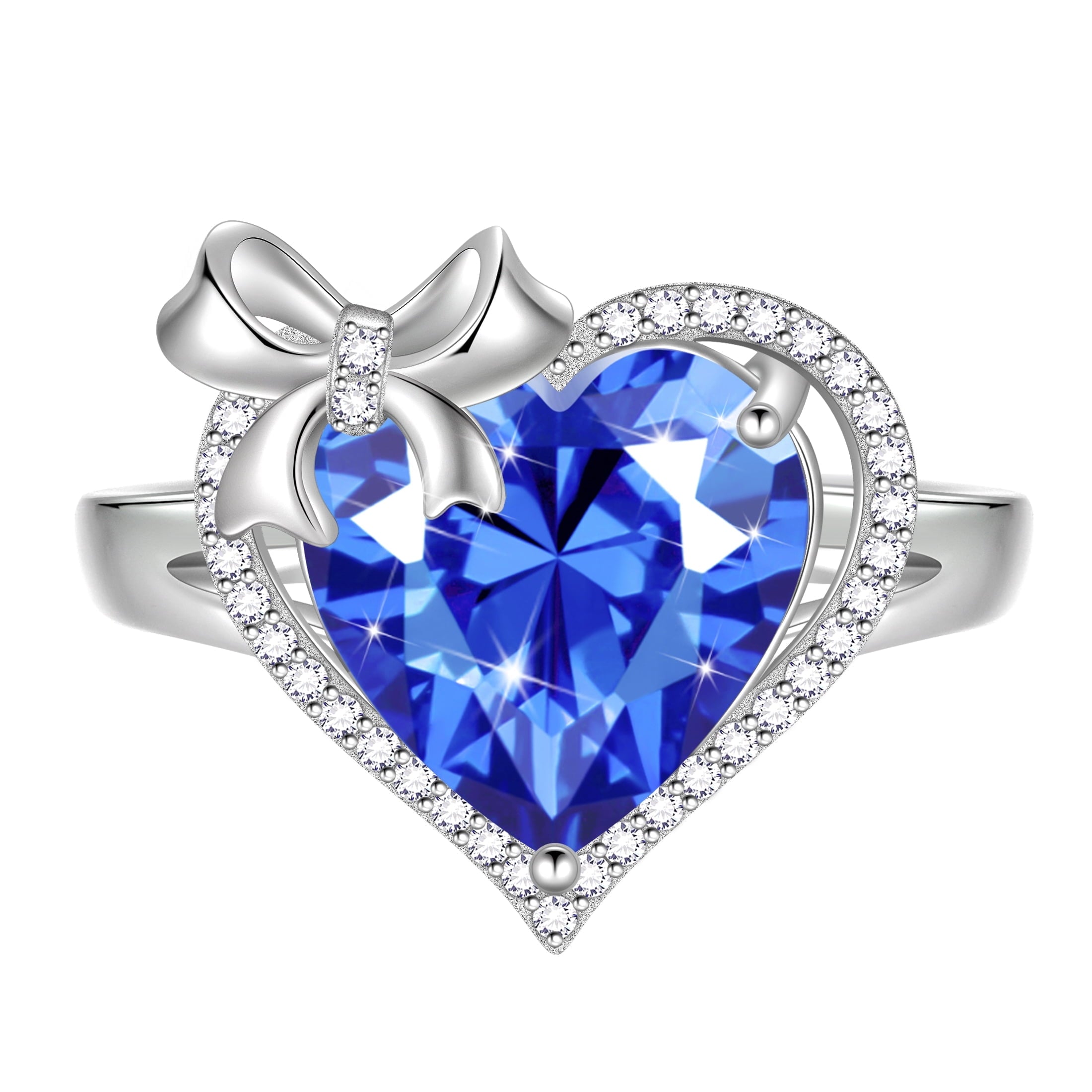 6Ct Heart Women Ring Bow Kont Ribbon 925 Sterling Silver December Birthstone Tanzanite Blue Solitaire Jewelry Mother Christmas Valentines Gift for Her - Aurora Tears