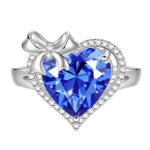 6Ct Heart Women Ring Bow Kont Ribbon 925 Sterling Silver December Birthstone Tanzanite Blue Solitaire Jewelry Mother Christmas Valentines Gift for Her - Aurora Tears