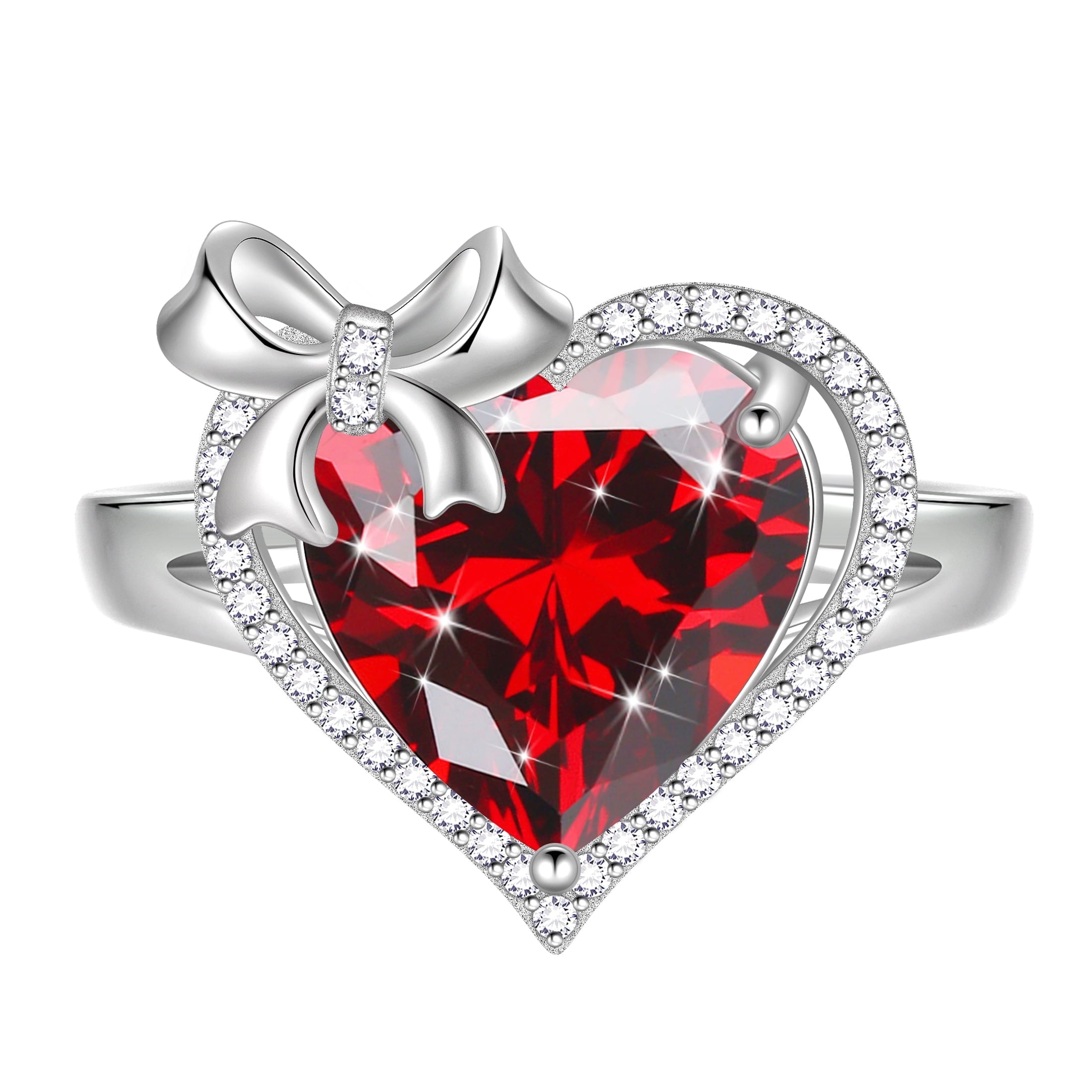 6Ct Heart Women Ring Bow Kont Ribbon 925 Sterling Silver January Birthstone Garnet Ring Red Solitaire Jewelry Mother Wife Birthday Valentine's Day Gift - Aurora Tears