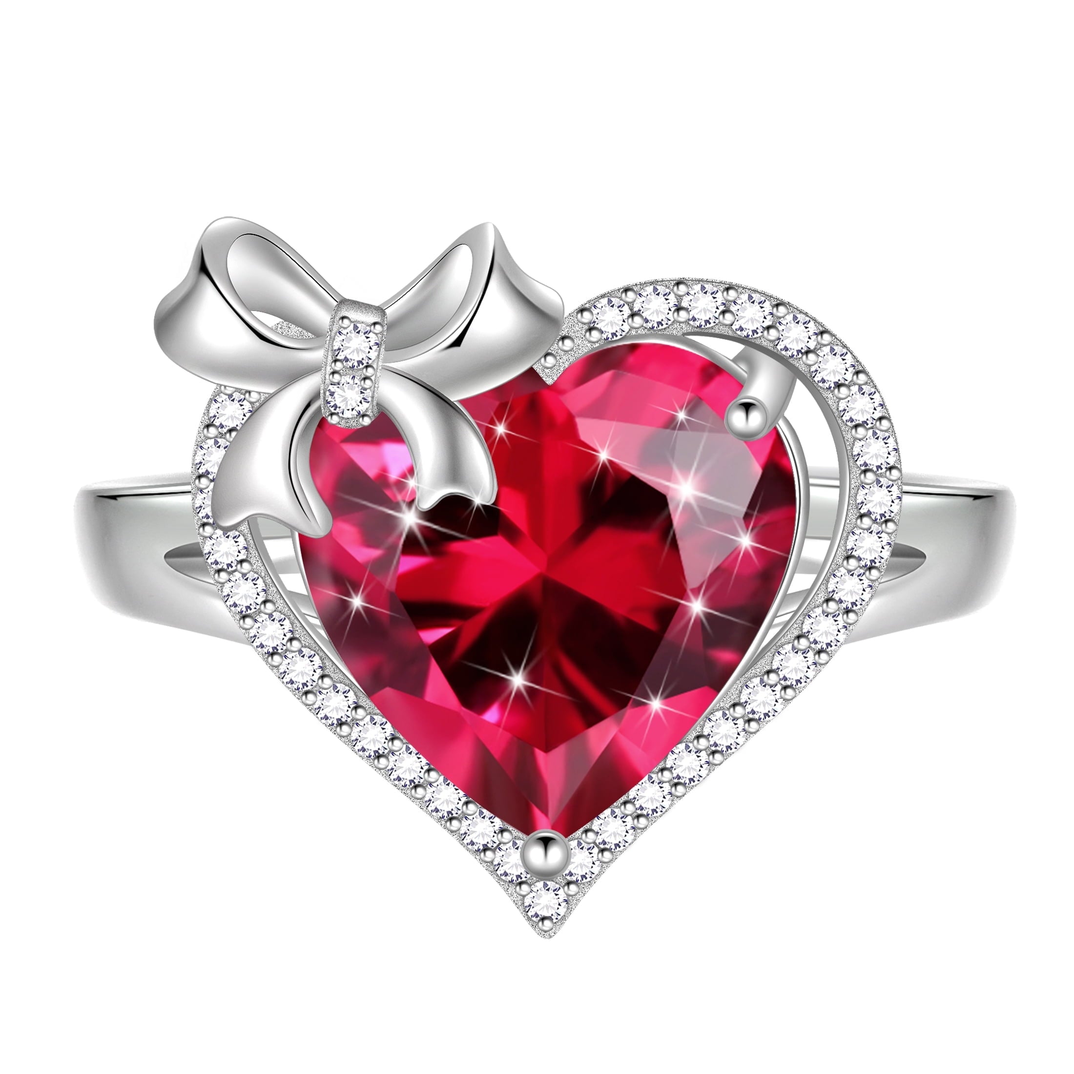 6Ct Heart Women Ring Bow Kont Ribbon 925 Sterling Silver July Birthstone Ruby Open Ring Jewelry Valentine's Day Gift for Wife Girlfriend Lover Mother - Aurora Tears