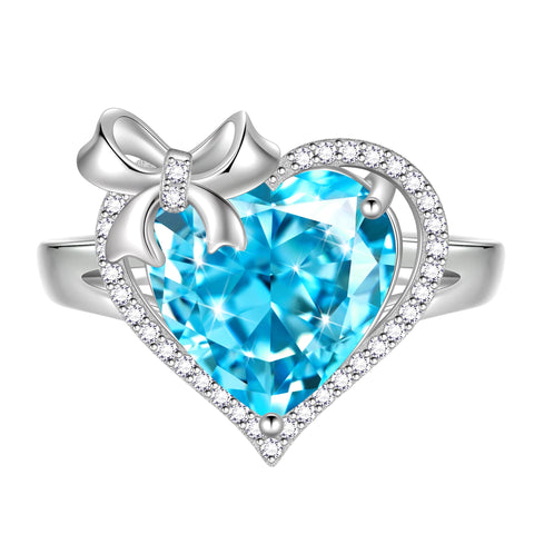 6Ct Heart Women Ring Bow Kont Ribbon 925 Sterling Silver March Birthstone Aquamarine Adjustable Ring Blue Solitaire Jewelry Wife Mother Valentines Gift - Aurora Tears